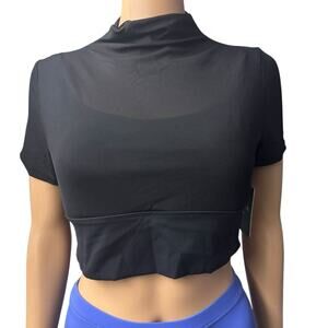 NWT Halara Black Mesh Mock Neck Short Sleeve Crop Top Size Medium